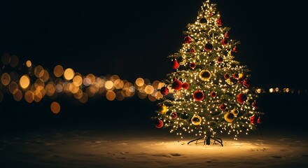 Beautifully decorated christmas tree with twinkling lights isolated on white background