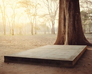 A quiet stone platform beneath a sacred bodhi tree in a sunlit forest clearing. Peaceful, spiritual, and empty—perfect for themes of reflection, mindfulness, or inner awakening.