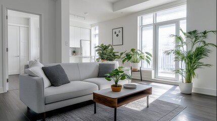 Modern minimalist living room interior with sofa, coffee table, and natural daylight.