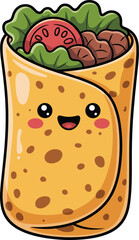 Cute Kawaii Burrito Vector Icon with a Smiling Face and Fresh Fillings, Depicting a Happy Mexican Food Character for Fun, Cuisine, and Kids' Concepts, Flat Vector Illustration