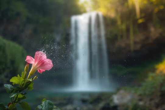Blurred backdrop of a waterfall with pink blossoms in the forefront swaying from water splashes