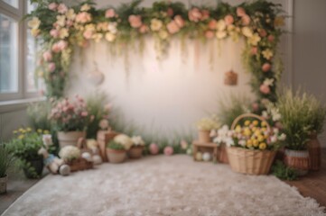 Fototapeta premium Spring-themed photo studio background for family and children's portraits with selective focus.