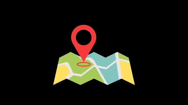 animated opening folded map with red pin location, animation footage video isolated on alpha channel(transparent) background.