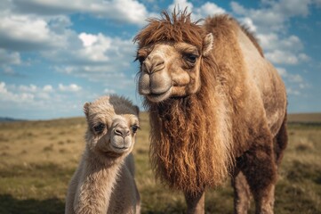 Obraz premium Infant camel walking next to its parent