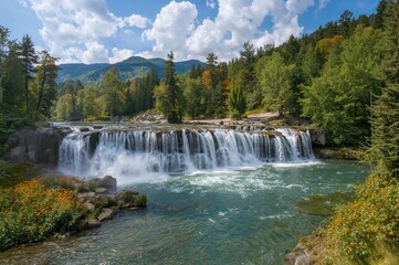 Fototapeta premium Tourist Attractions: Cascading Waterfalls in a Scenic Mountain Area