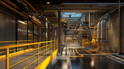 Industrial interior hallway with yellow railings, pipelines, and machinery
