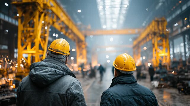 Two Engineers in Yellow Hard Hats Inspecting a Heavy Industry Factory with Overhead Cranes and Welding Sparks, Safety and Manufacturing