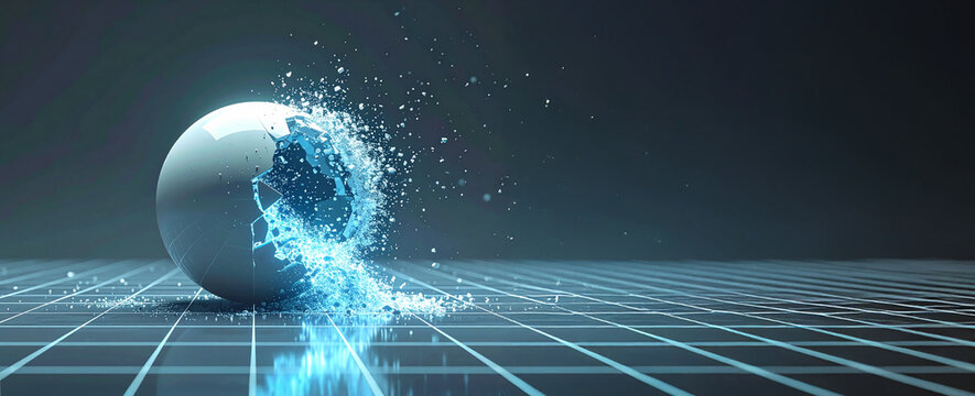 High-tech, wide-angle banner of a shattering metallic sphere/globe impacting a digital grid surface. Luminous blue particles explode upon impact, symbolizing data security breach, innovation, and tech