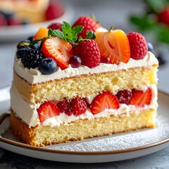 Close-up of a fluffy sponge cake slice, layered with cream and fresh fruits, served on a clean plate, elegant dessert photography style