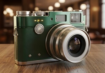 Classic Vintage Camera on Wooden Surface A Detailed Perspective
