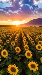 Vibrant Sunflower Field at Sunset with Scenic Mountain Background