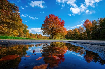 Obraz premium Reflection of a tree and sky in a puddle on asphalt with autumn foliage