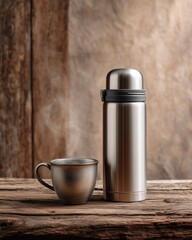 Stainless steel thermos with open lid and steaming metal cup on rustic wooden table, minimal lifestyle product photo with clean ivory background, cozy travel mood, modern stock-ready composition.