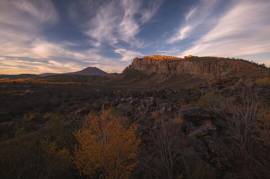 Fall scenery of volcanic dikes on a prominent mountain peak in the western region