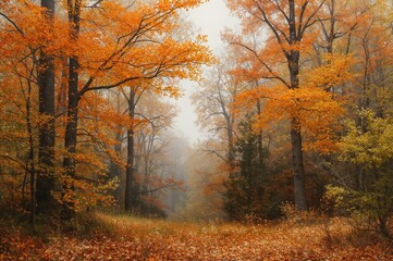 Fototapeta premium Oil painting of a forest in fall with vibrant orange foliage