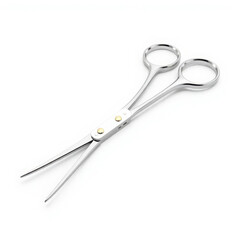 Close up of silver surgical clamp with ring handles on a white background