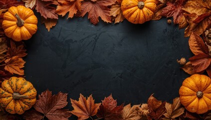 Seasonal decoration featuring dried leaves and pumpkin on a chalkboard surface. Overhead shot with space for text related to fall, harvest, or gratitude themes.