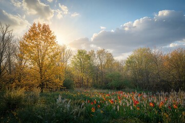 Seasonal scenery with blooming flowers and trees in autumn and spring