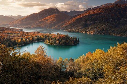Seasonal hues of a mountain forest with a water body under natural light