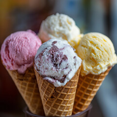 Colorful ice cream scoops in cone