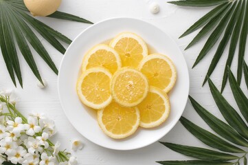 A white dish featuring a vibrant assortment of tropical fruits on a plain background, showcasing a vitamin-packed, freshly squeezed citrus juice for a revitalizing treat.