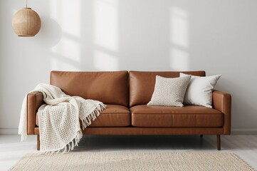A cozy brown leather couch adorned with a white crochet throw and plush pillows set against a plain wall. Modern living room furniture inspiration.