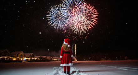 Young Girl in Santa Costume Watching Fireworks Display on Snowy New Year's Eve