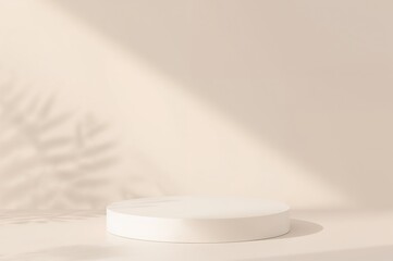 Minimalist white platform on soft beige backdrop with shadow effect. Display stand for beauty items and showcases. Abstract cosmetic product holder. Simple design concept.