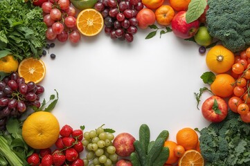 Variety of fresh produce arranged on a white surface. Bright and colorful plant-based food layout. Overhead shot with room for writing.