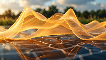 Golden Ribbon Over Reflective Grid