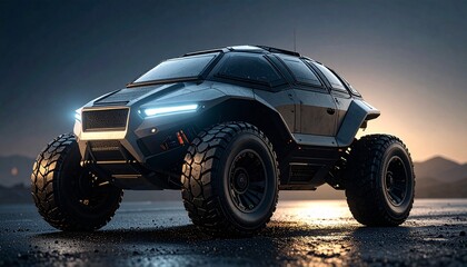 Futuristic rugged vehicle with advanced design and glowing lights for extreme off-road exploration