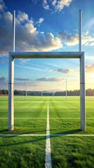 Naklejka premium Beautiful Sunset Over Rugby Field with Goalposts and Clear Sky