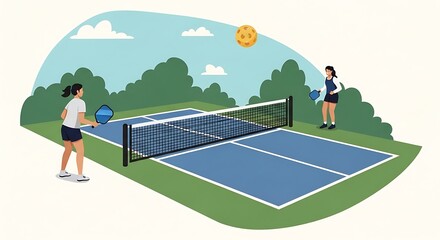 Fototapeta premium Pickleball Game Illustration - Players, Court, and Outdoor Setting.