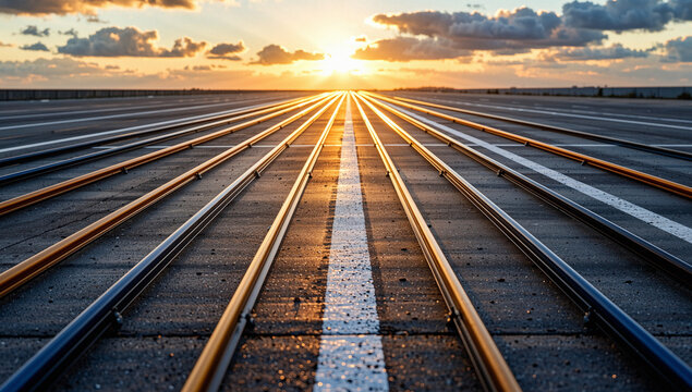 Railway tracks leading to the sunset