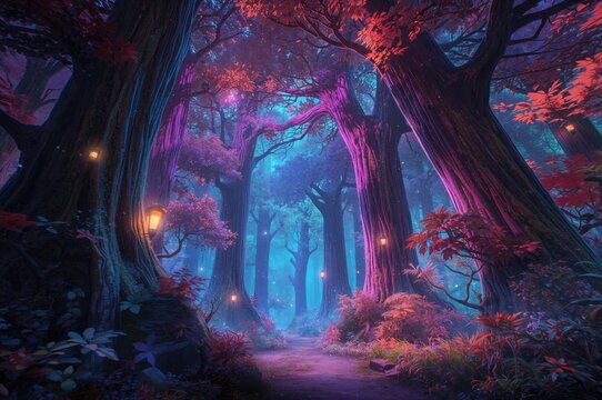 Vibrant neon forest artwork full of colors