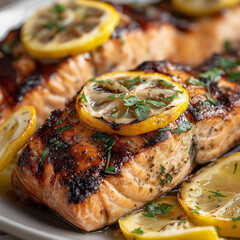 Tasty grilled salmon fish with lemon