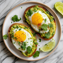 Healthy avocado toast with poached eggs
