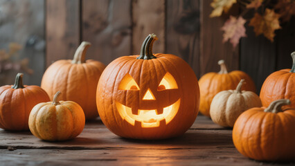 Glowing carved Halloween pumpkin with a smiling face