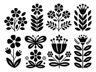 Decorative black symmetrical flowers, Scandinavian style vector artwork perfect for traditional and modern projects