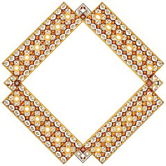 Geometric frame design. Intricate tile pattern, mosaic border with gold, white, and brown colors, centered square