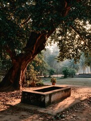 A quiet stone platform beneath a sacred bodhi tree in a sunlit forest clearing. Peaceful, spiritual, and empty—perfect for themes of reflection, mindfulness, or inner awakening.