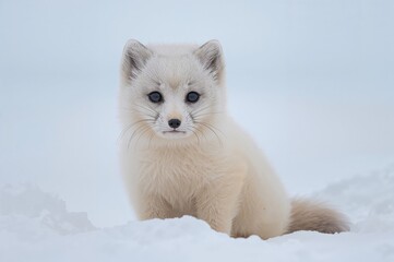 Young Arctic fox (Vulpes lagopus) infested with fur parasites in a polar environment