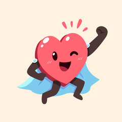Cute cartoon heart character dressed superhero with a cape flying and winking