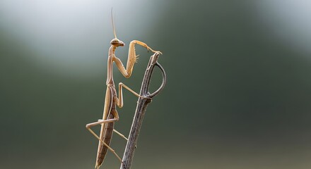 Praying mantis perched on a twig in a natural environment, closeup shot