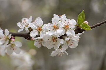 Obraz premium A tree limb in the initial phase of spring, decorated with fragile white flowers showcasing vivid orange stamens at their core.