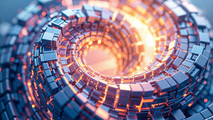 Spiraling Metallic Cubes with Orange Illumination