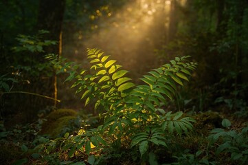 A leafy green plant growing in a forested environment