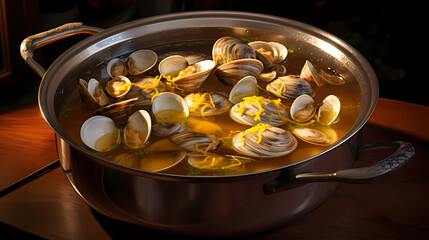 Boiled clams in a pot of broth