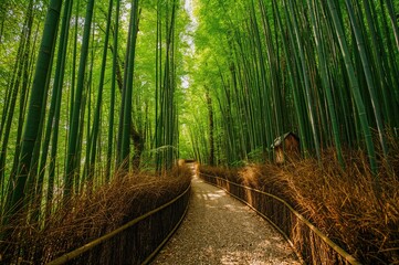 A picturesque stroll amid lush bamboo greenery with natural textures and summer vibes