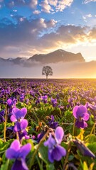 Obraz premium Scenic Sunrise Over Purple Wildflowers and Majestic Mountain Range